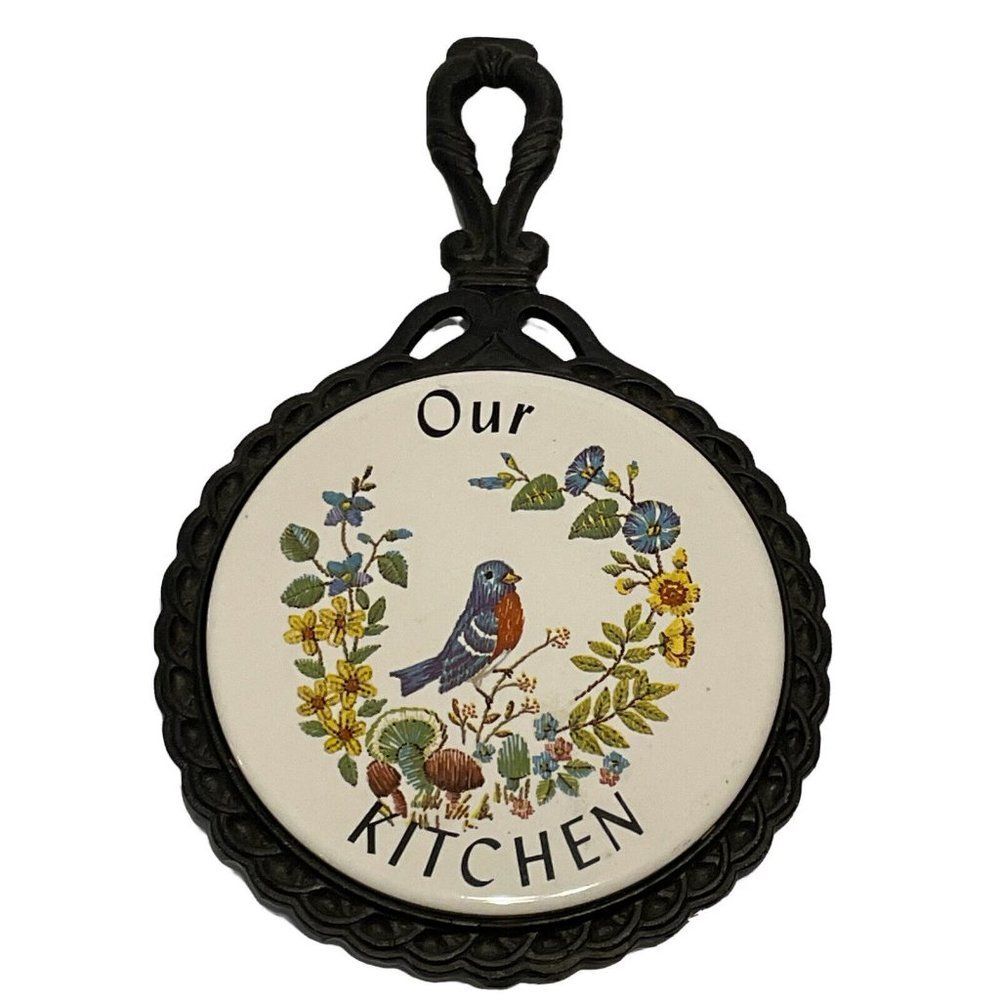 Vtg Mid-State Cast iron Ceramic Tile Our Kitchen Trivet CottageCore Bluebird
